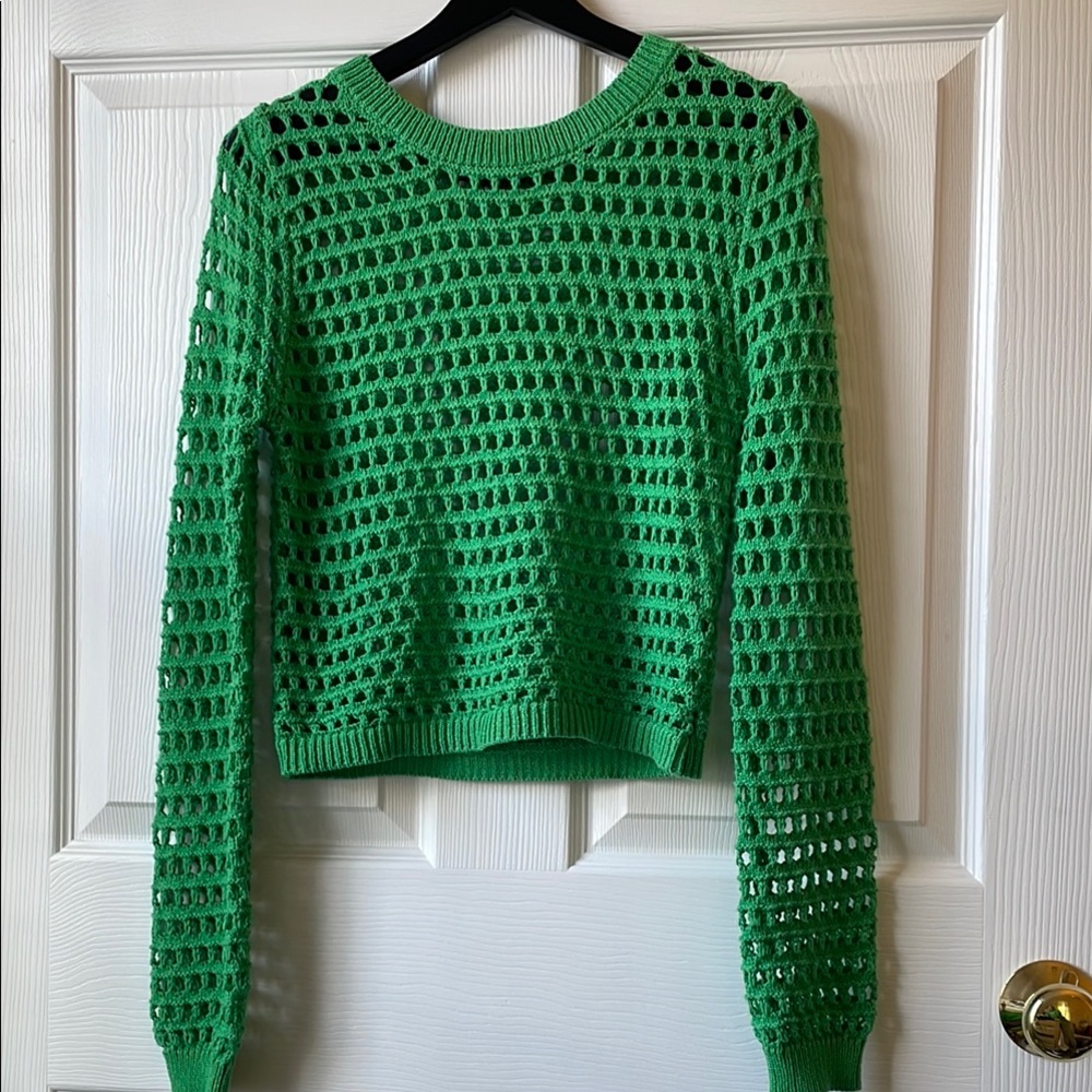 Freshman Green Open-Knit Crew Neck Sweater